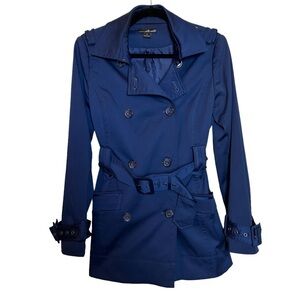 Willi Smith Navy Blue Double Breasted Belted Short Trench Jacket Coat Sz. M